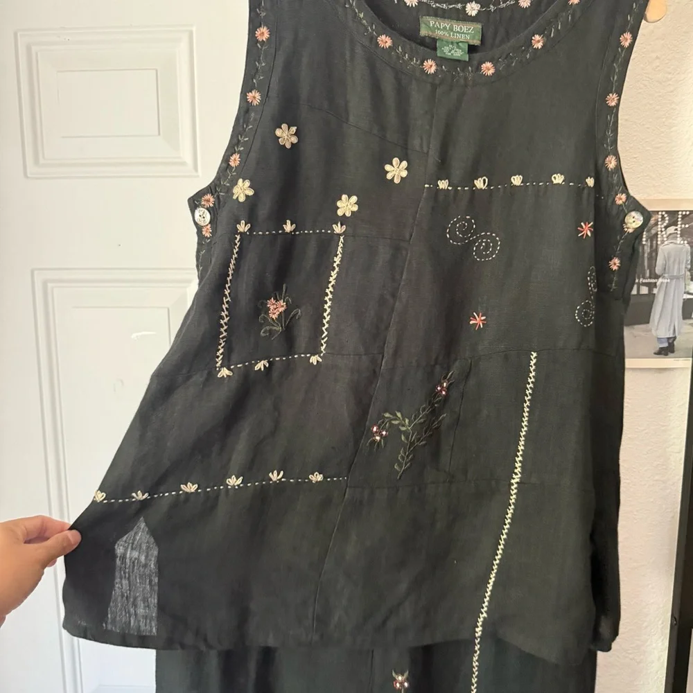 PAPY BOEZ black linen‎ floral embroidered layered sleeveless midi dress - Picture 3 of 7